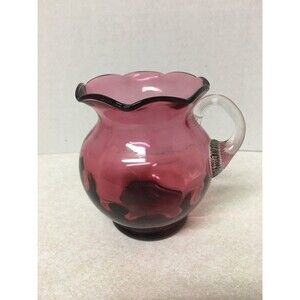 VINTAGE Pilgrim Cranberry Glass Collection Ruffled Edge Clear Handle Hand Blown